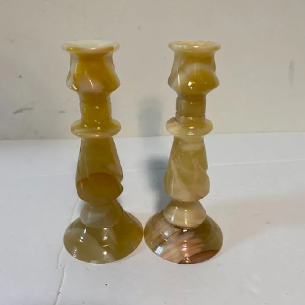 Vintage Banded Onyx Marble Candlestick Holders Set of 2 - 6” Tall